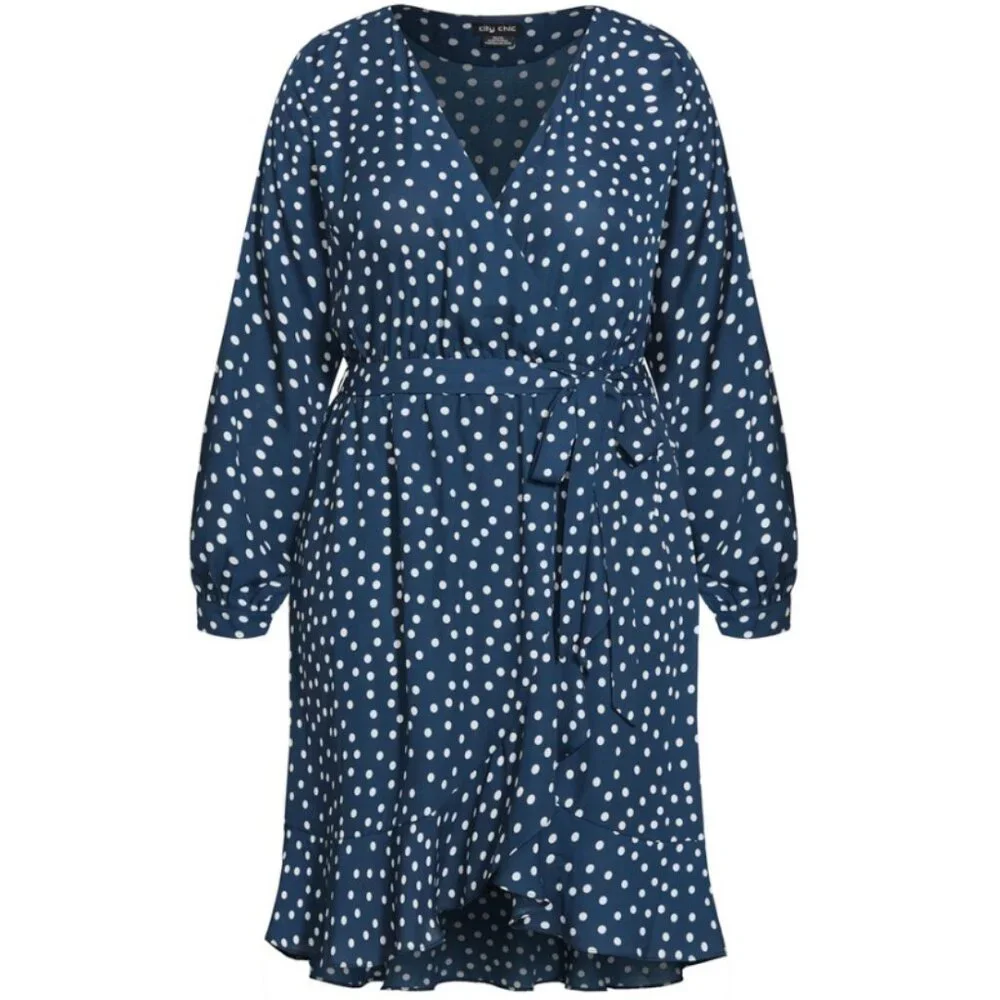 NWT City Chic Navy Faux Wrap Long Sleeve Ruffle Spot Dress 22